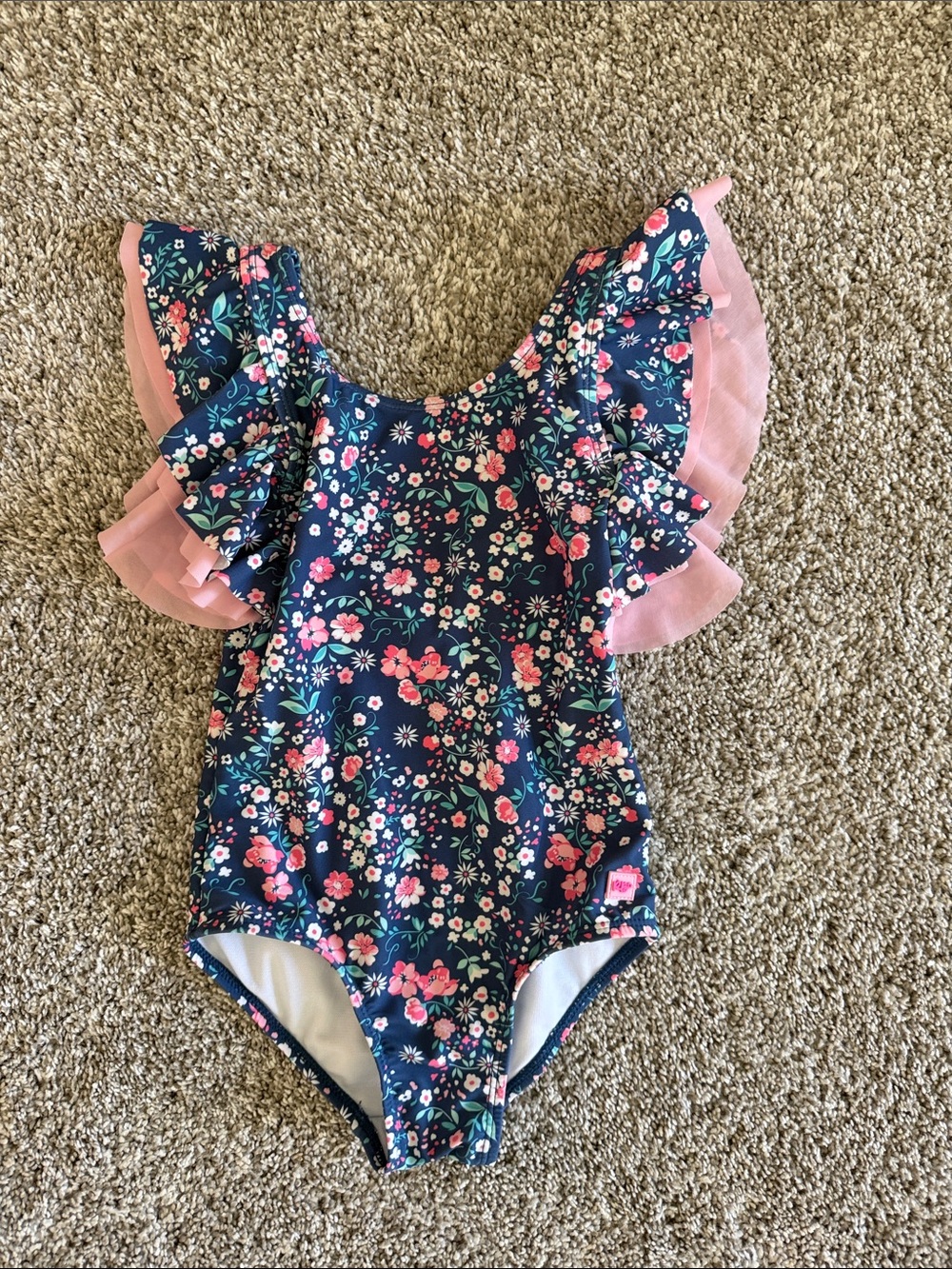 Ruffle Butts Navy Floral One-Piece Swimsuit with Pink Ruffles